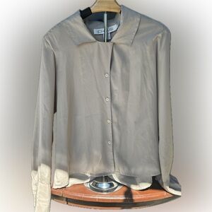 Josephine Chaus Top Size 12 Beige Button Front Long Blouse